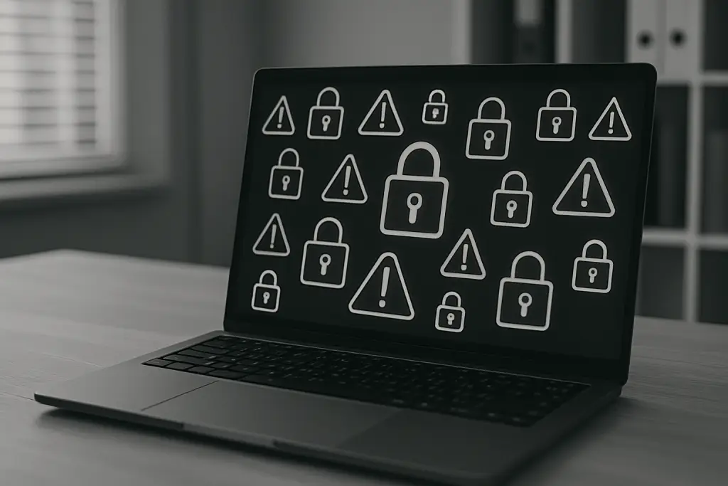Laptop displaying security warning and lock icons, symbolizing cybersecurity risks and repeated failure patterns.