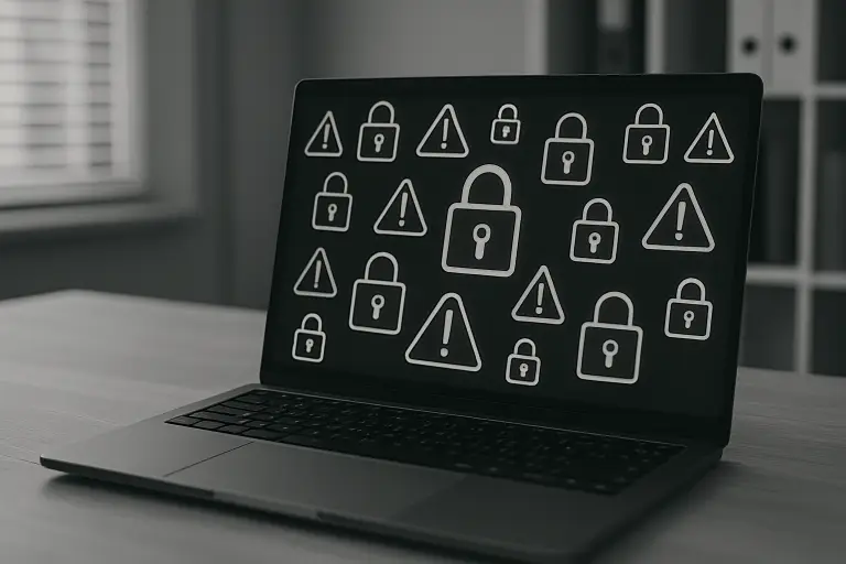 Laptop displaying security warning and lock icons, symbolizing cybersecurity risks and repeated failure patterns.