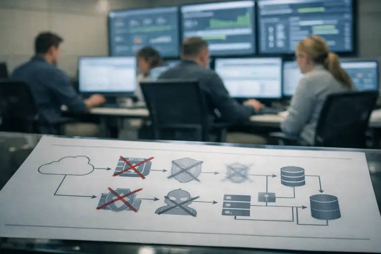 A well-lit IT operations war room during a service outage, with a security architecture diagram in the foreground showing disabled protections while engineers work at monitoring screens in the background.