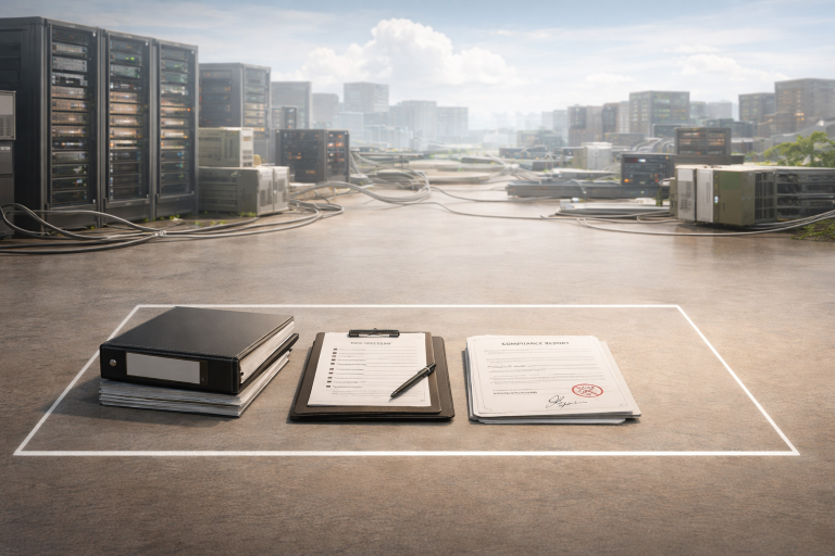 A clean desk displays neatly arranged compliance documents inside a marked boundary, while a broader, active IT infrastructure extends beyond it, illustrating the limits of compliance compared to ongoing security operations.