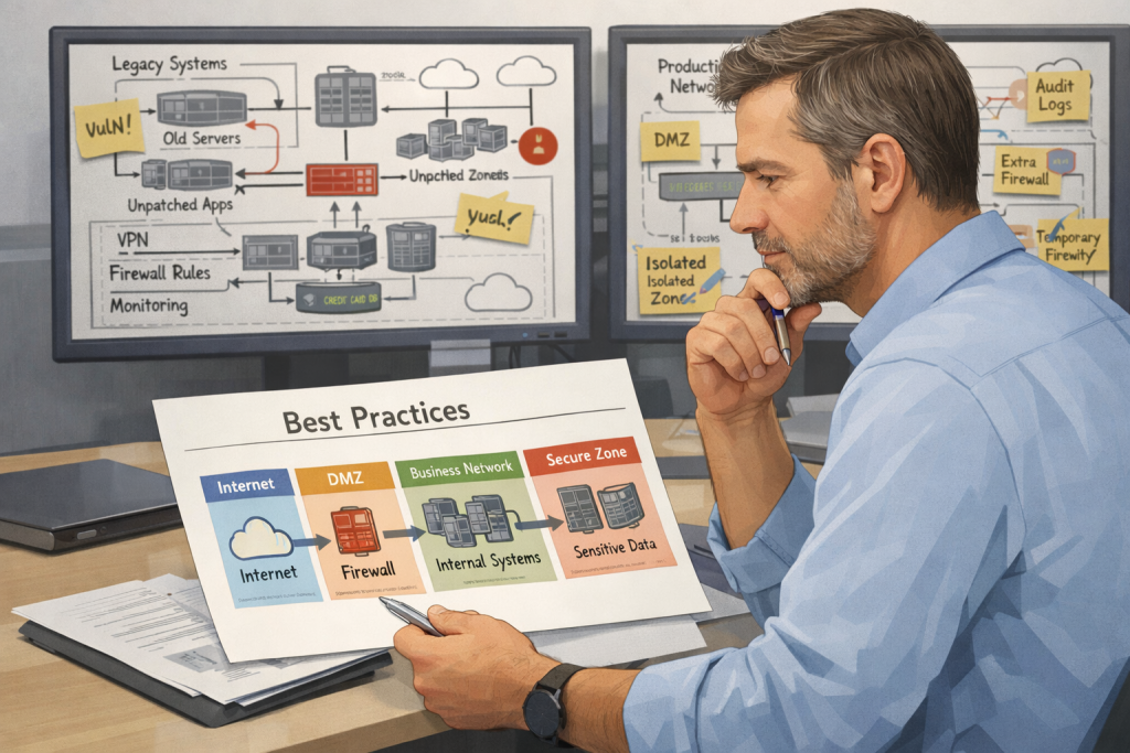 A security architect reviews an idealized “best practices” network diagram while real infrastructure diagrams with legacy systems and compensating controls appear on monitors behind them.