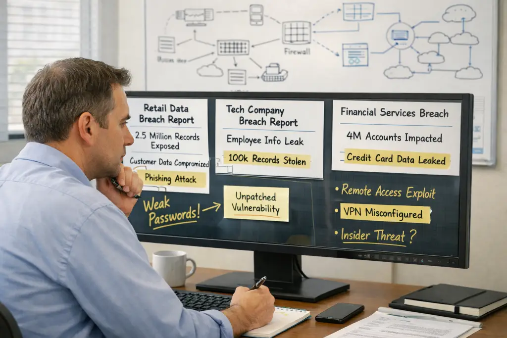 Security analyst reviewing multiple public breach reports on a large monitor, with annotated notes and highlighted patterns, while network access diagrams are visible on a whiteboard behind them in a well-lit office.