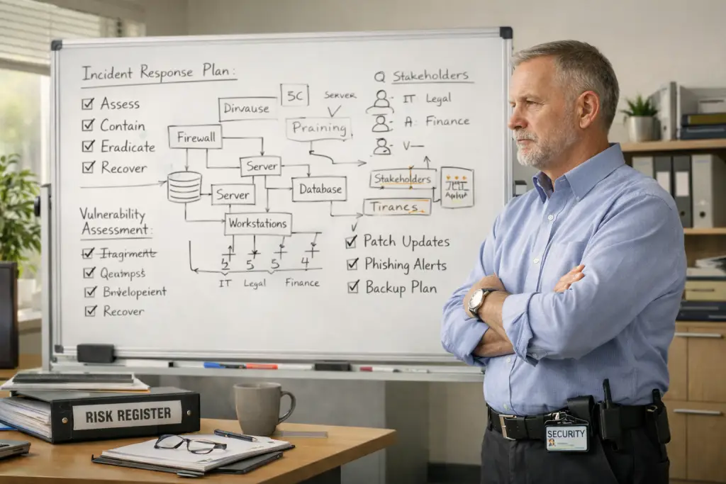 A seasoned security professional stands thoughtfully in a bright office, reviewing diagrams and notes on a whiteboard that reflect risk management, system architecture, and long-term security planning.