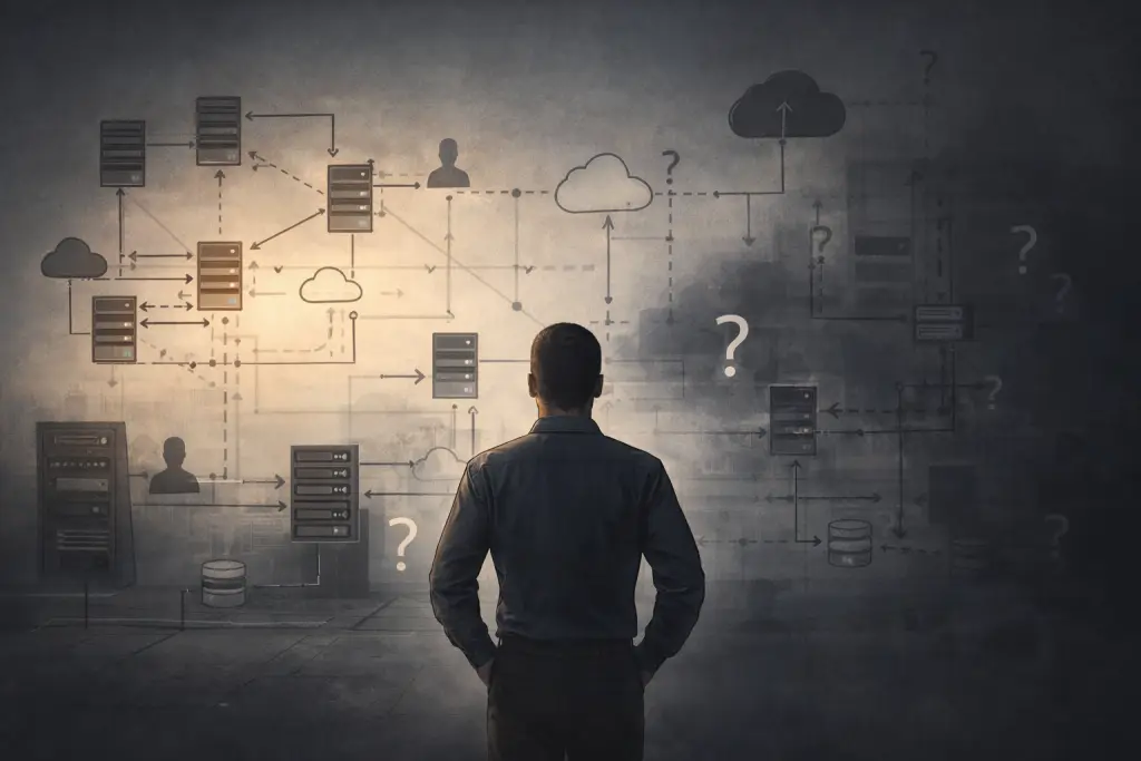 A security professional stands facing a large, partially completed infrastructure diagram showing servers, cloud systems, identities, and data flows, with some connections clearly mapped and others fading into shadow to represent unknown or undocumented assets.