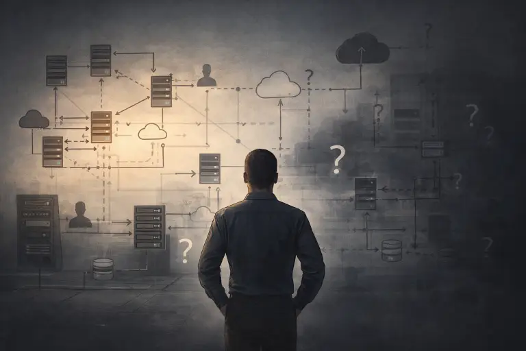 A security professional stands facing a large, partially completed infrastructure diagram showing servers, cloud systems, identities, and data flows, with some connections clearly mapped and others fading into shadow to represent unknown or undocumented assets.