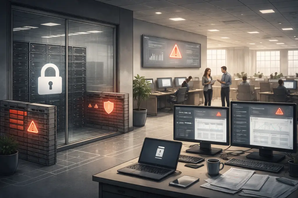 A modern office environment with visible security controls, including a locked server room, firewall indicators, monitoring dashboards, and warning signs, set alongside everyday business activity.