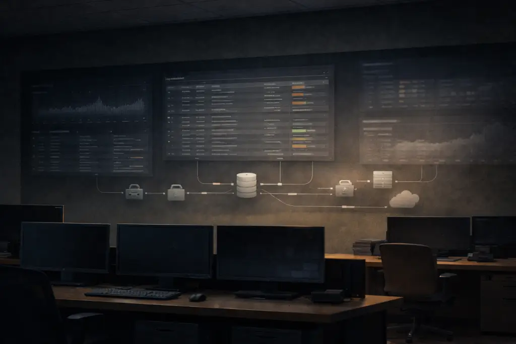An enterprise security operations center showing SIEM log dashboards and data flows, with some event panels fading into shadow to represent gaps in logging visibility.