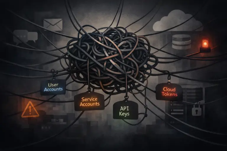 An abstract illustration of tangled digital identity connections linking user accounts, service accounts, API keys, and cloud tokens across cloud, SaaS, and on-prem systems, suggesting identity sprawl and hidden risk.