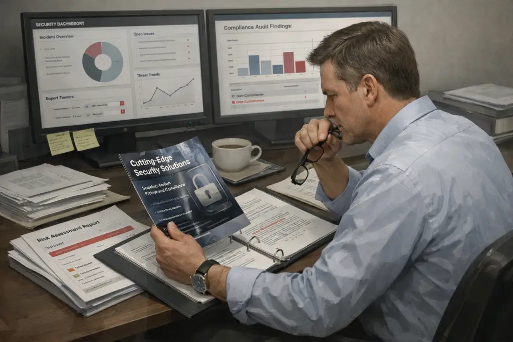 A cybersecurity leader reviews vendor contracts and risk reports at a desk, weighing polished security marketing materials against operational dashboards and compliance findings.