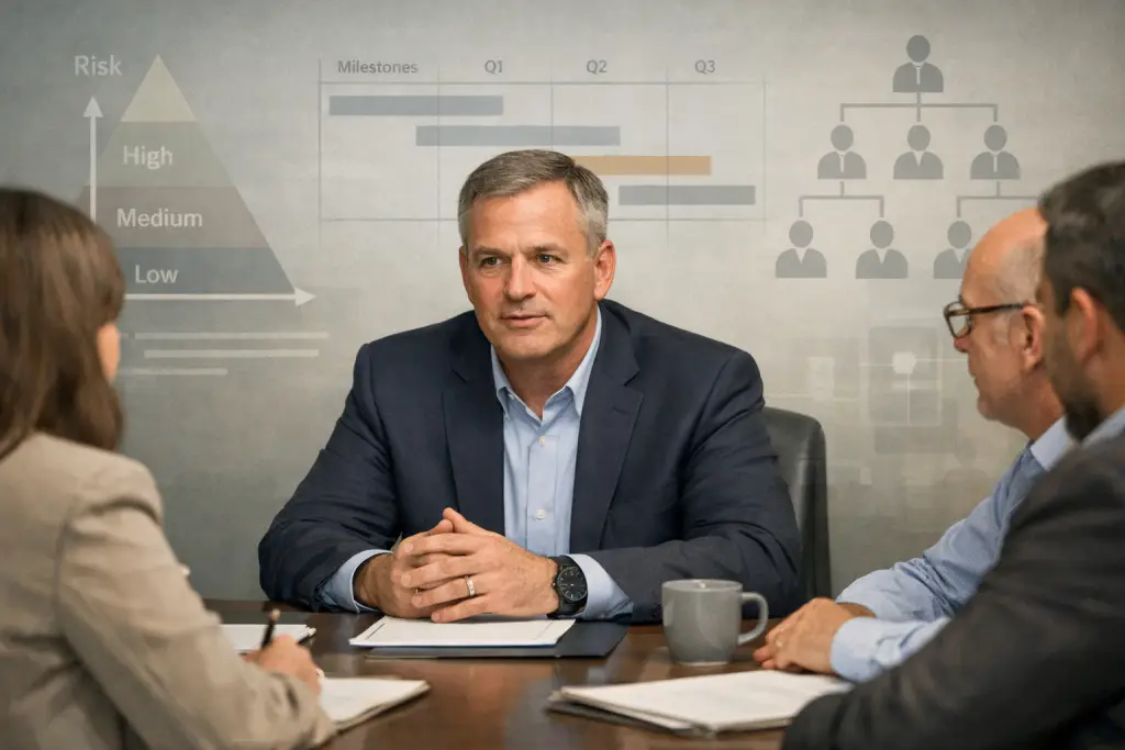 Security leader facilitating a strategic discussion with IT leadership at a conference table, with subtle overlays of risk, timelines, and organizational structure.