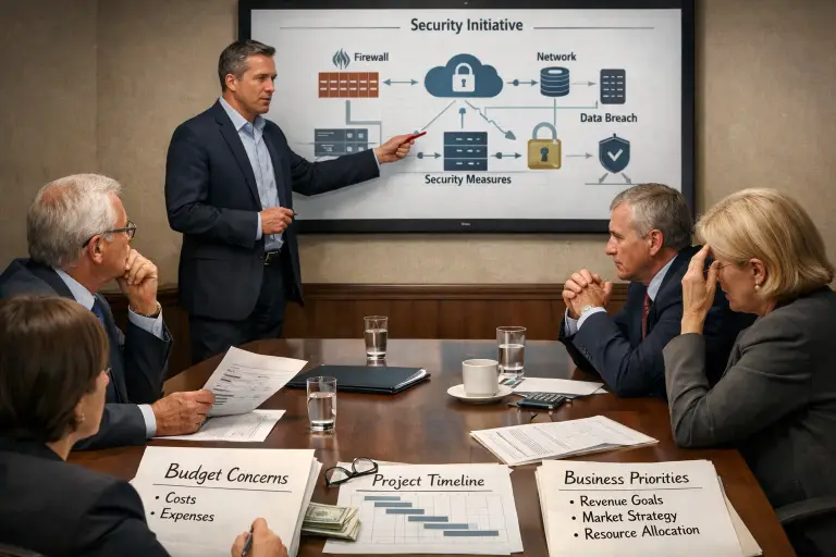 A cybersecurity professional presenting a security initiative in a corporate conference room while executives review budget documents, timelines, and business priorities.