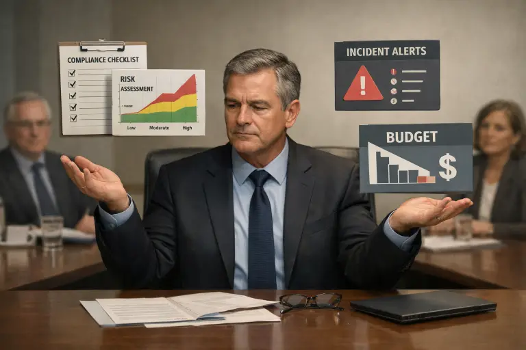 A CISO seated in a boardroom weighs compliance requirements, risk metrics, incident alerts, and budget limitations during an executive meeting.